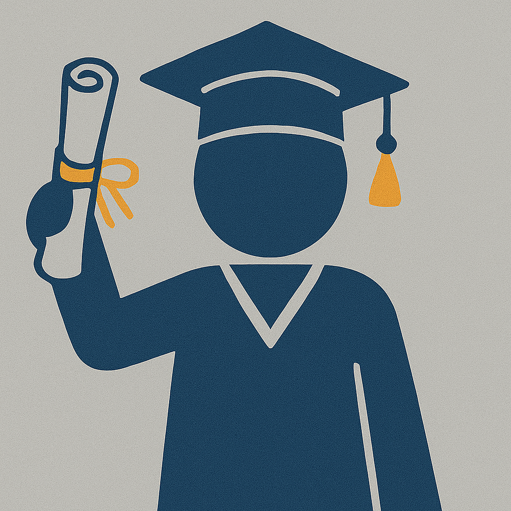 figure holding a degree and wearing a grad cap